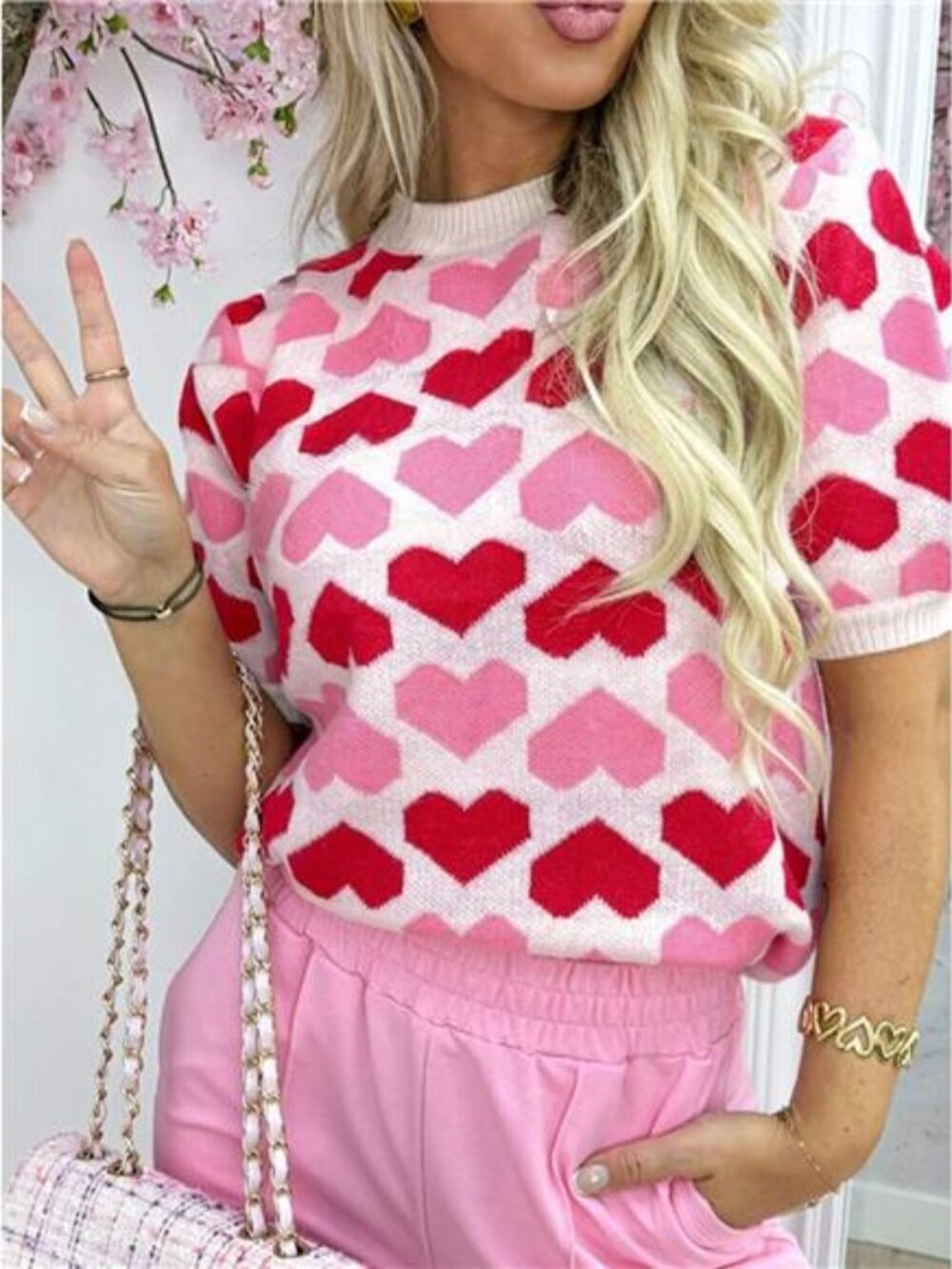 Heart Print Short Sleeve Sweater